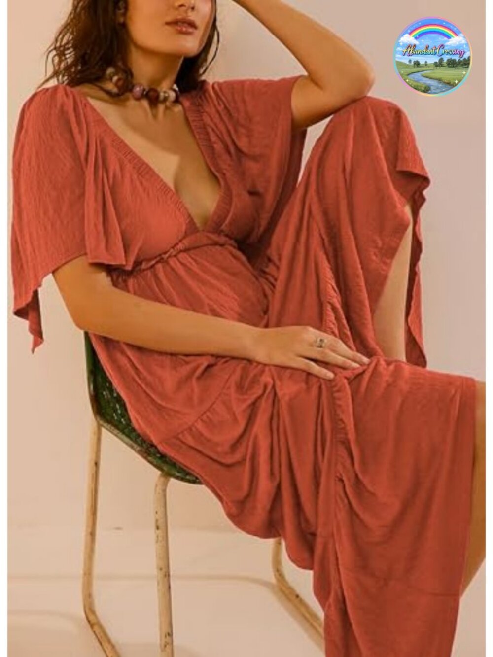 Women's V-Neck Backless Flutter Sleeve Tiered Maxi Dress Elastic Waist - Picture 4 of 6